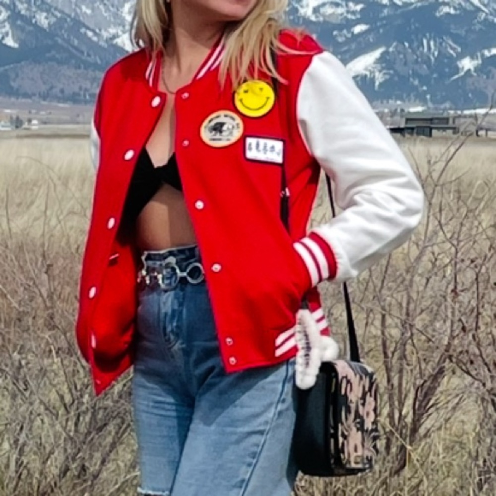 Red and white varsity sweater jacket with buttons!